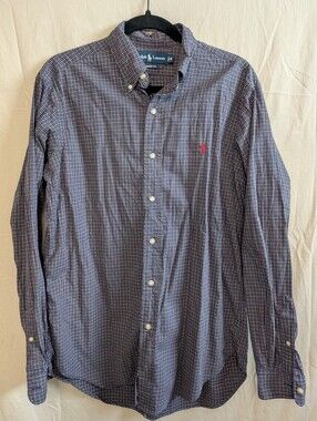 Ralph Lauren Men's Blue Plaid Button-Down Shirt with Red Polo Logo